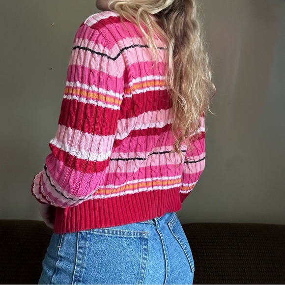 2000s Y2K Liz Claiborne Pink Striped Embroidered Cable Knit Sweater Size XS - Picture 7 of 7